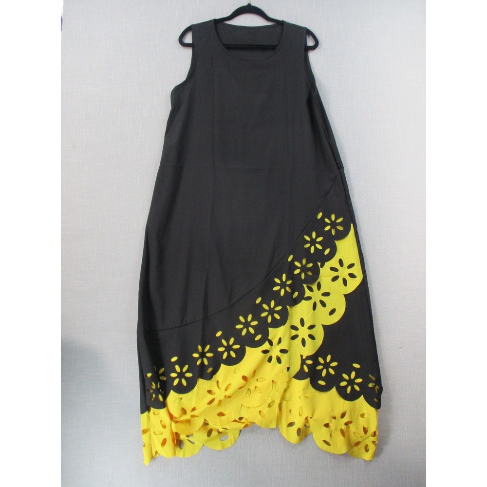 Black and Yellow Laser‎ Cut Floral Scalloped Hem Sleeveless Maxi Dress 113540